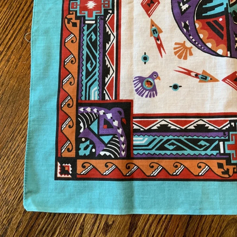 Vtg Wamcraft Bandana Southwest Aztec Teal Purple Black‎ Rare Print Made In USA